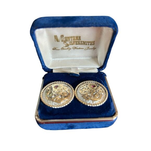 Vintage Montana Silversmiths Floral Round Concho Earrings Red Rhinestone Western - Picture 6 of 8
